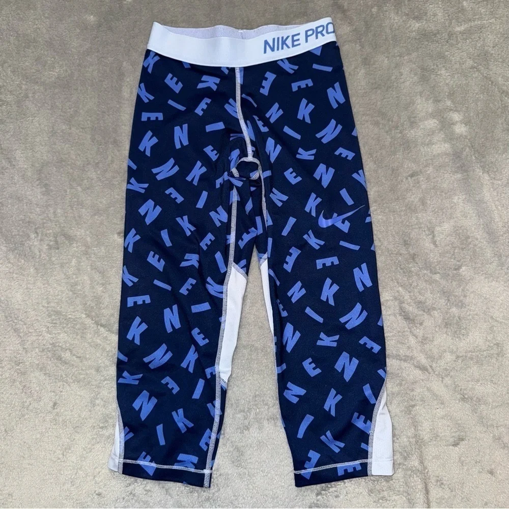 Nike Pro Blue and White Leggings Running Tights Girls Size Medium